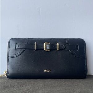 Ralph Lauren Black Leather Zip Wallet with Gold Buckle Strap